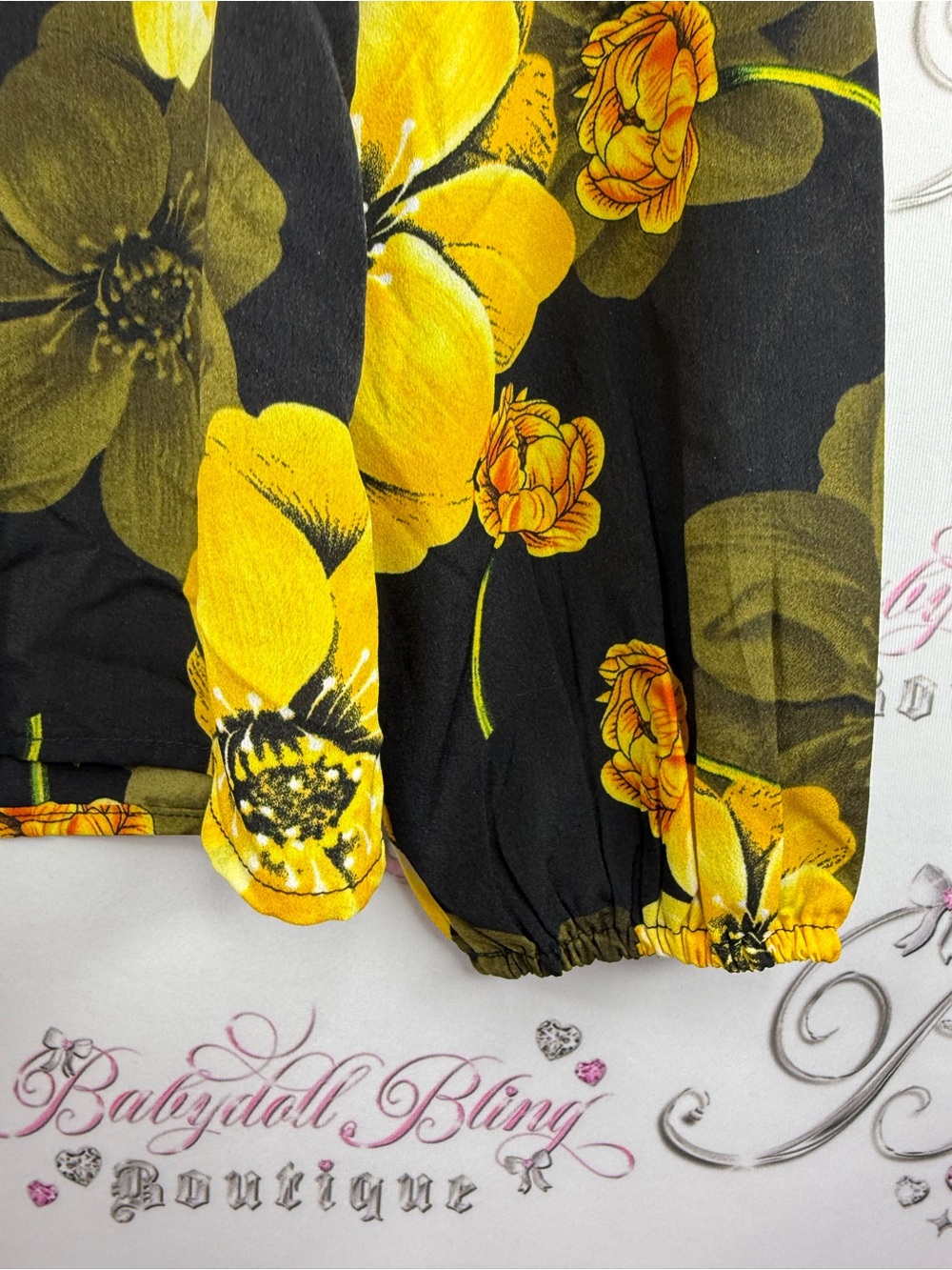 RANLEGE shirt blouse flowers ruffle Yellow Floral Long-Sleeve Blouse - Black - Picture 13 of 16